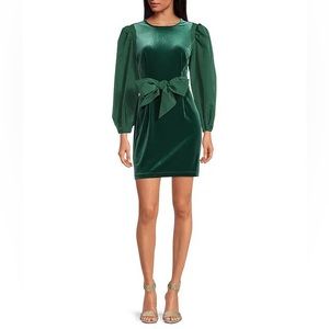 LDT Hannah Stretch Velvet Bow Sash Crew Neck Puff Sleeve Mini Dress size 2 NWT